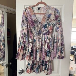 Shein tiered long sleeve parrot and floral tie front dress